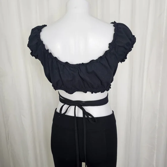 Garage Black Cotton Crop Wrap Top Tie Waist Baddie Vibes XL - Picture 7 of 9